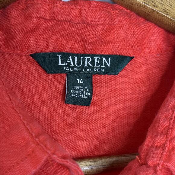 Ralph Lauren Dress Womens 14 Red Linen Belted Shirt Midi Collared Summer - Picture 3 of 7